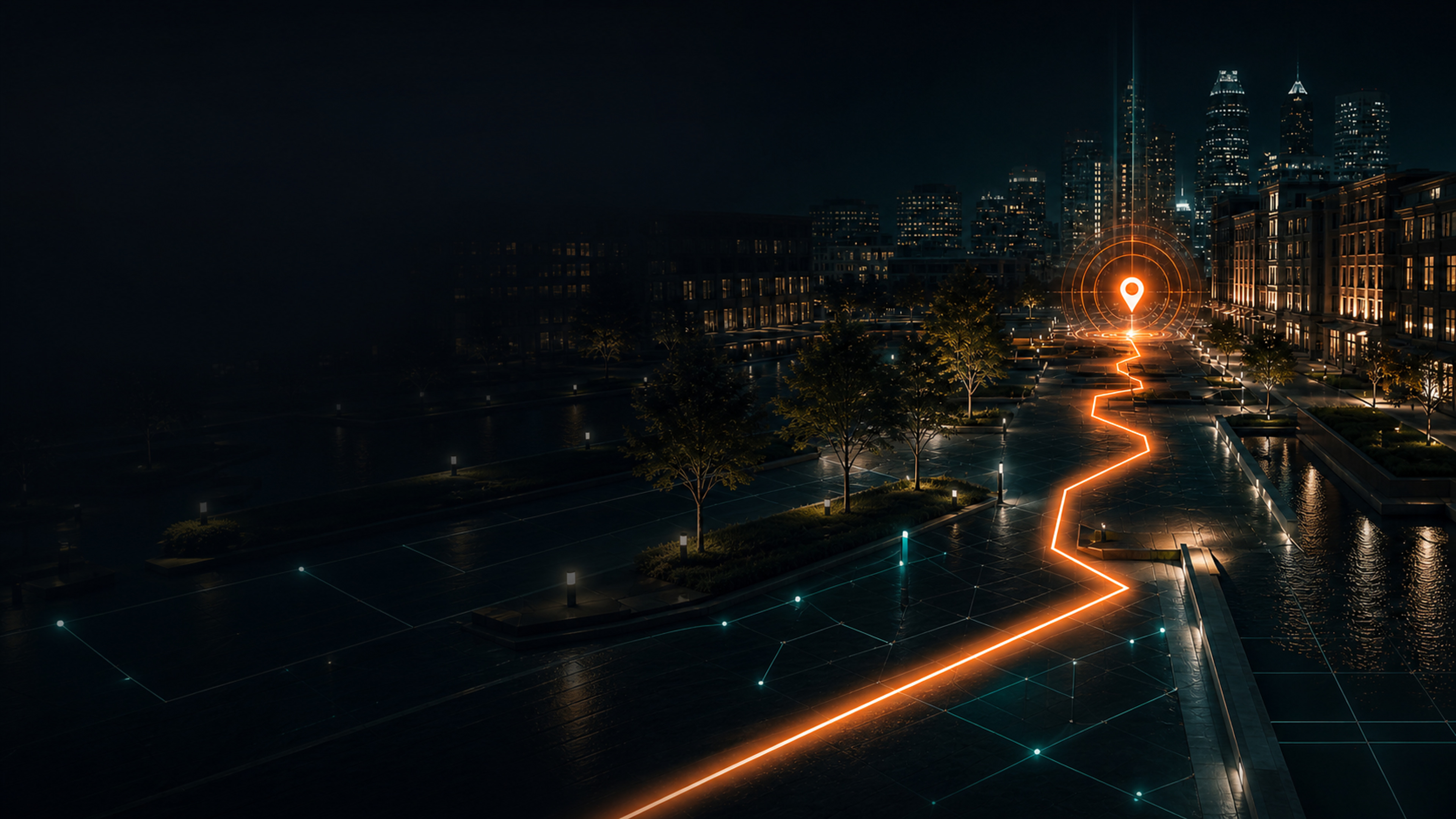 A glowing route through a city plaza leading to a map pin.